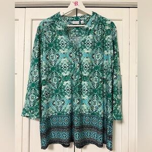 Kim Rogers 3/4 Sleeves Stretch Green Abstract Blouse Size Large Casual Office